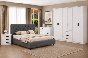 DORMITOR PREMIUM ALB, PAL 18 MM, DRESSING 6 USI SI 3 SERTARE 240 CM, PAT TAPITAT CU SOMIERA RABATABILA GRI INCHIS/NEGRU, NOPTIERE SI COMODA 4 SERTARE