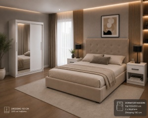 DORMITOR ROYAL, DRESSING 150 CM, PAT TAPITAT SOFIA BEJ, 2 NOPTIERE ALBE