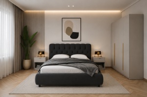 SET DORMITOR LIV CASMIR SOFT CLOSE, CU DULAP 3 USI SI PAT TAPITAT EURO GRI/NEGRU 160X200 CM
