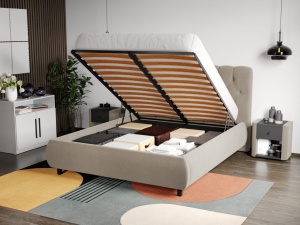 SET DORMITOR LIV CASMIR SOFT CLOSE, CU DULAP 3 USI SI PAT TAPITAT EURO BEJ, 160X200 CM - Img 6