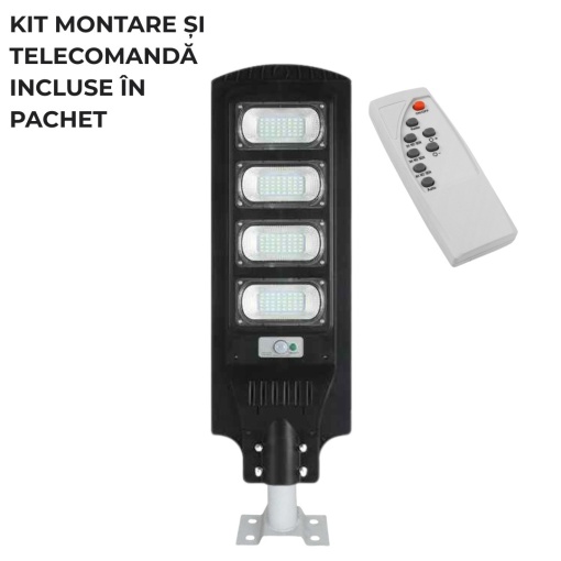 LAMPĂ STRADALĂ SOLARĂ 4 MODULE CU LED 200W, SENZOR DE MIȘCARE ȘI TELECOMANDA