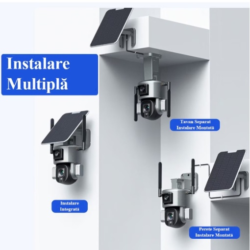 Camera de Supraveghere cu Panou solar 6W, 8 MP, Rezolutie 4K, Ultra HD, WIFI H-Go®, PTZ Bullet, CCTV IP fara fir, Zoom Optic 10x, Exterior IP66, Rotire 355°, 6 Leduri, Comunicare bidirectionala, Alarma, Senzori miscare IR 50m, Argintiu