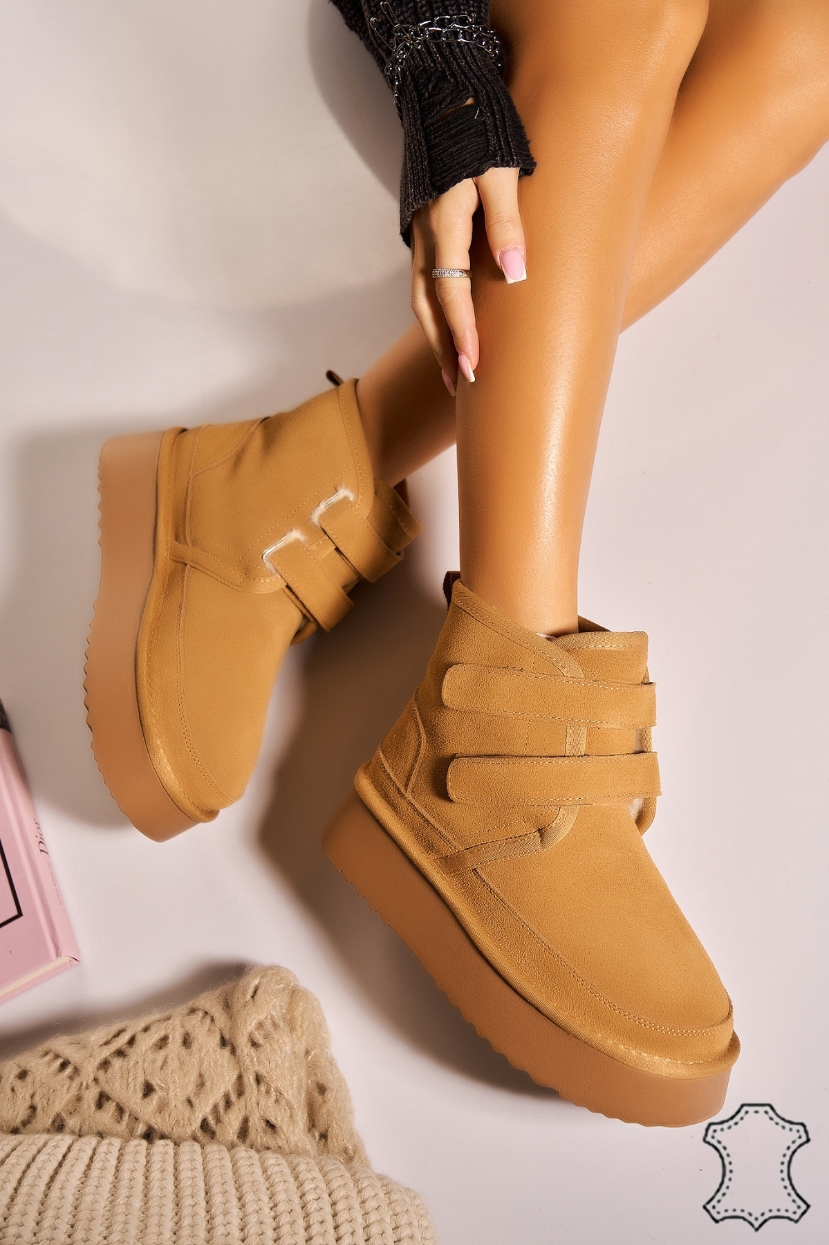 Cizme Piele Naturala Intoarsa dama Camel Savena - 2 | YEO
