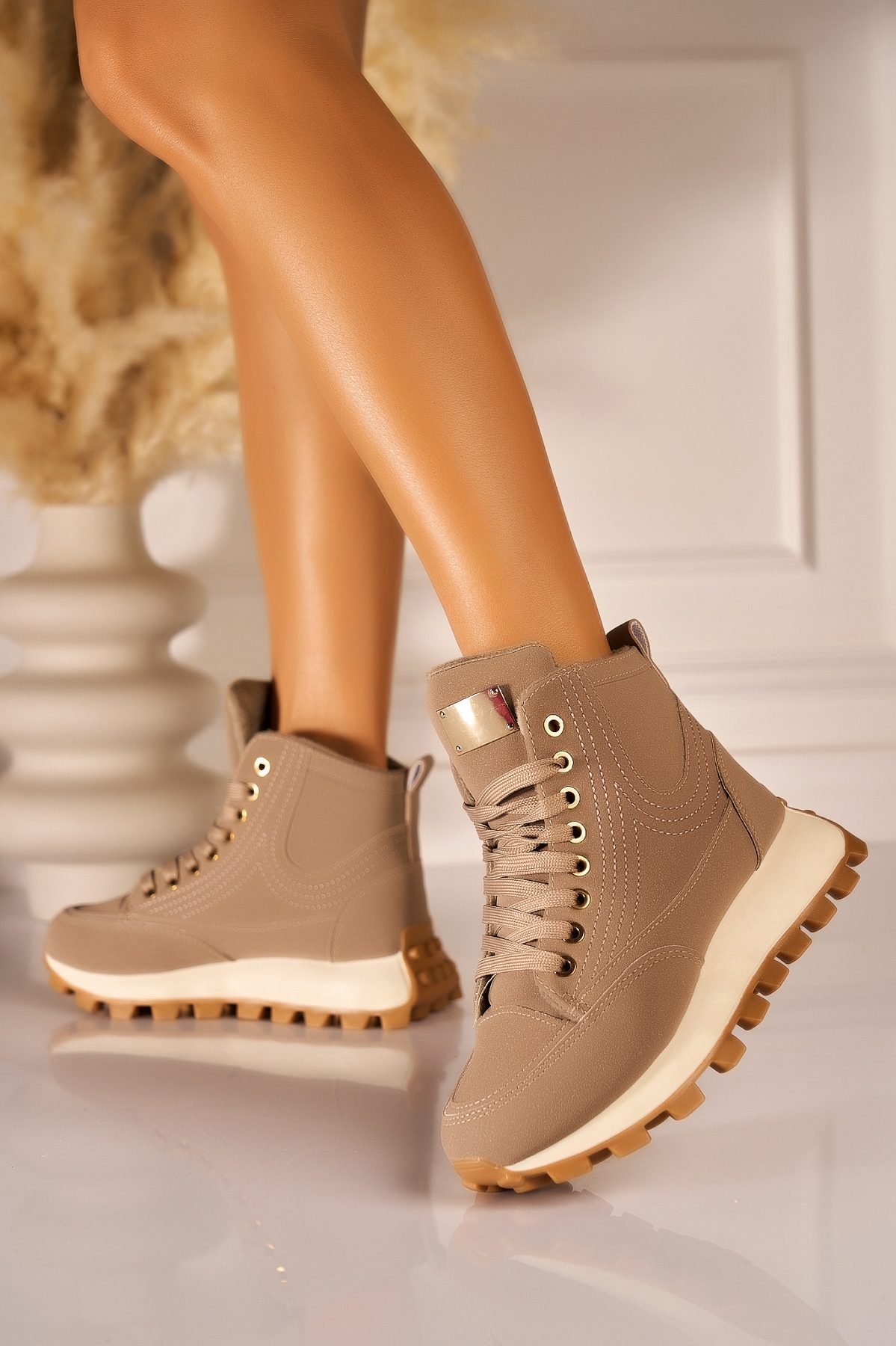 Ghete Dama Imblanite Kaki din Piele Ecologica Tabacita Emaira - 1 | YEO
