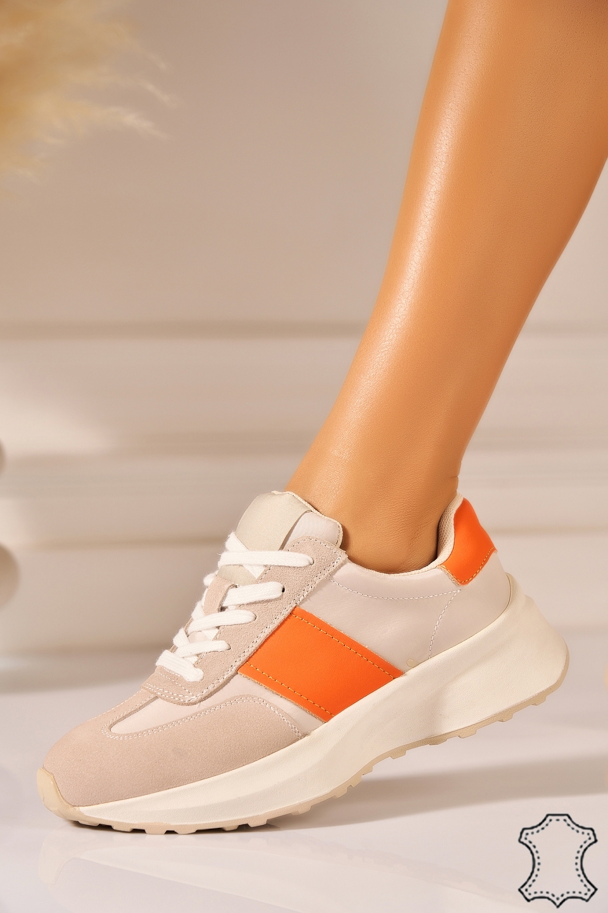 Adidasi Piele Naturala Intoarsa Portocalii Inyra