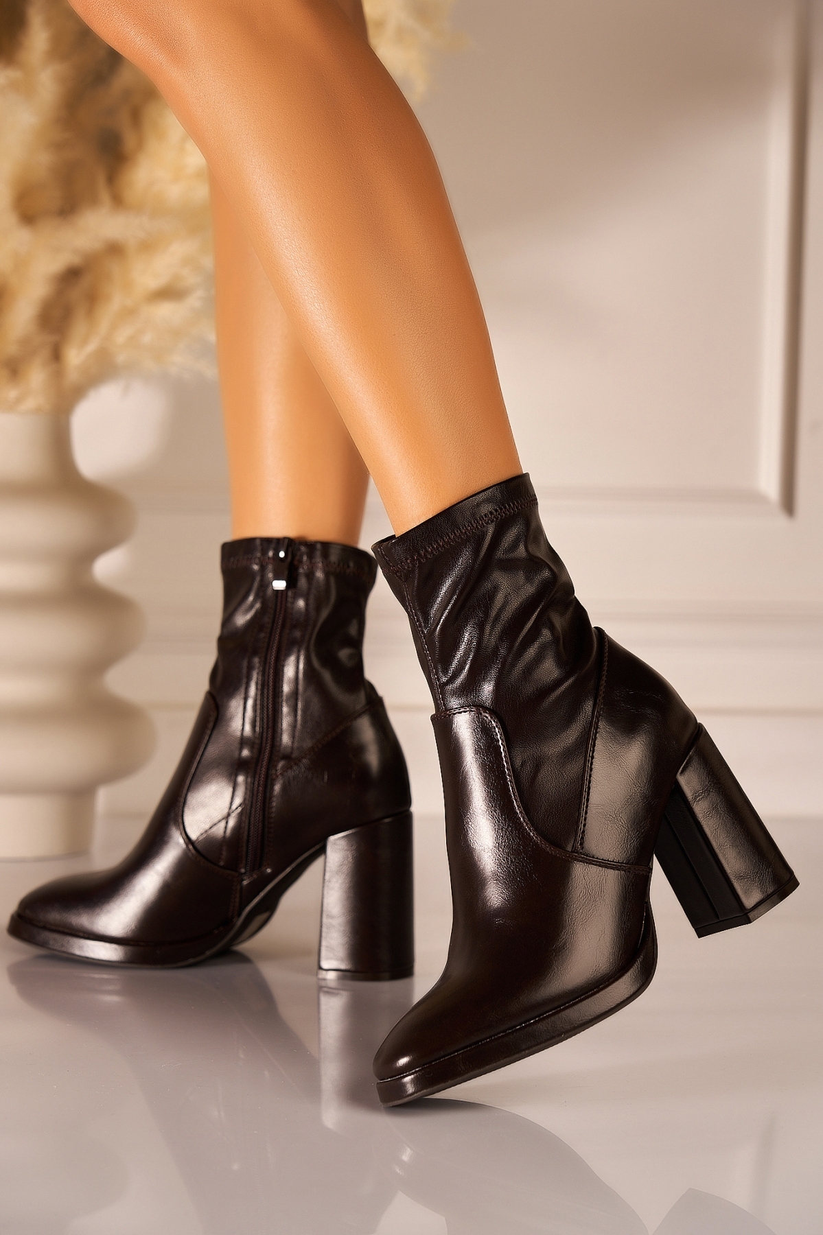 Botine dama cu Toc Maro din Piele Ecologica Cressida - 1 | YEO