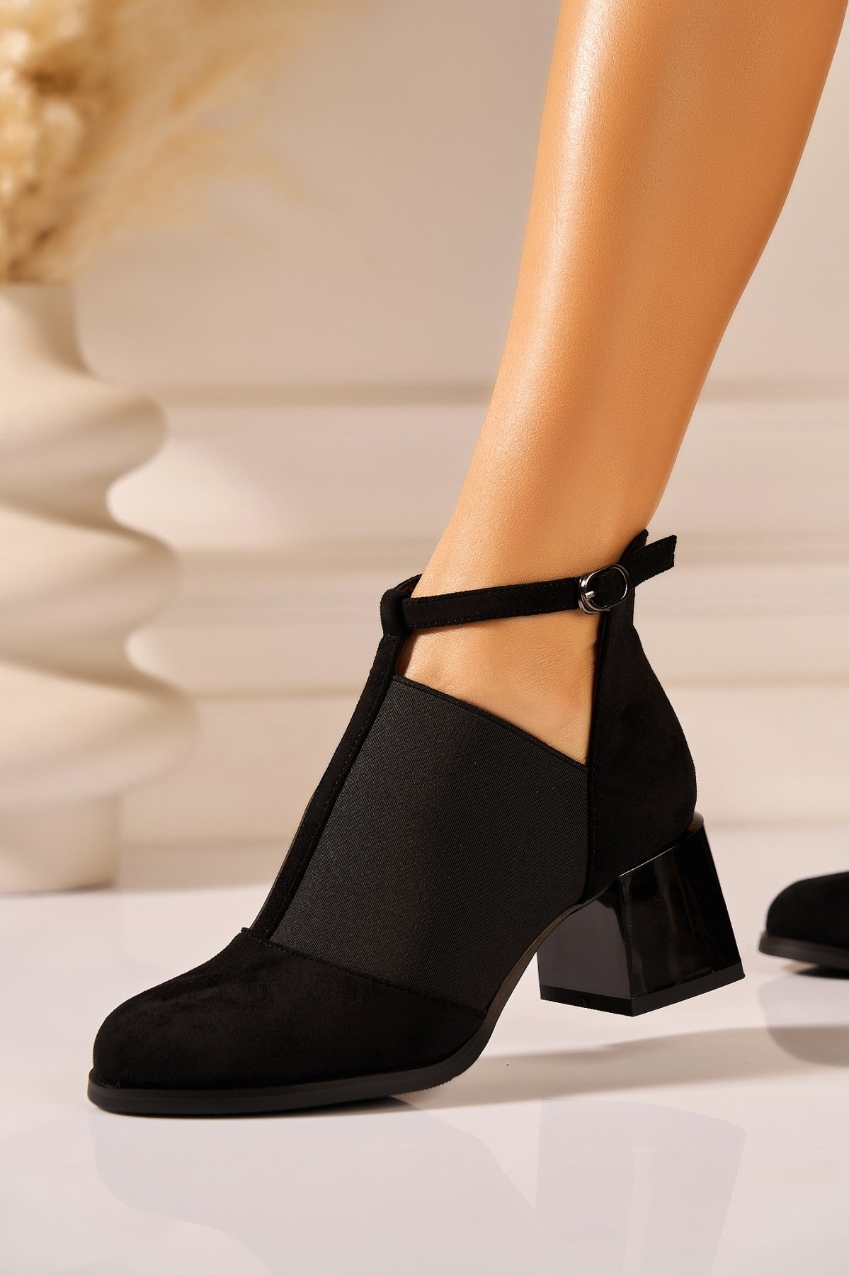 Botine dama cu Toc Negre din Piele Ecologica Intoarsa Riziky