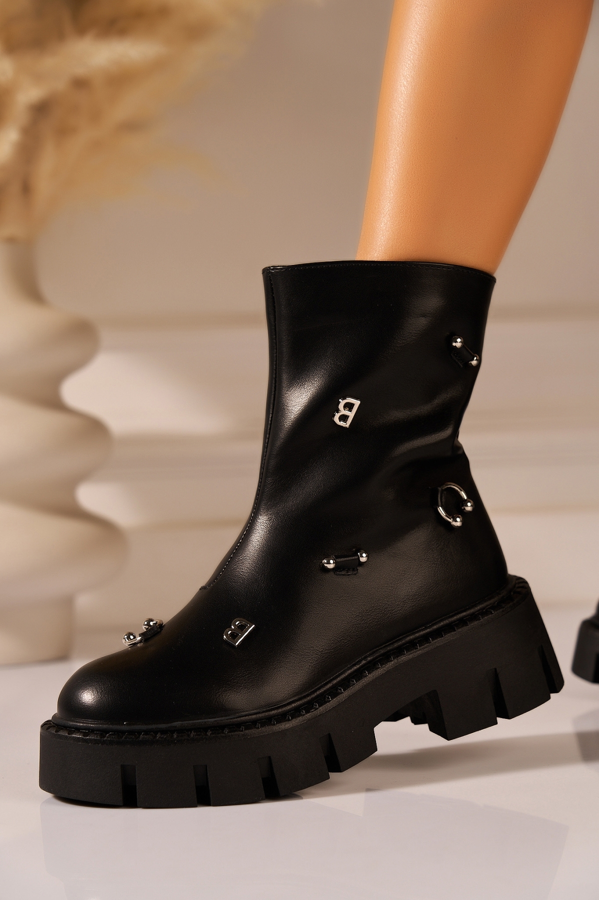 Ghete dama cu platforma Negre din Piele Ecologica Afsay - 1 | YEO