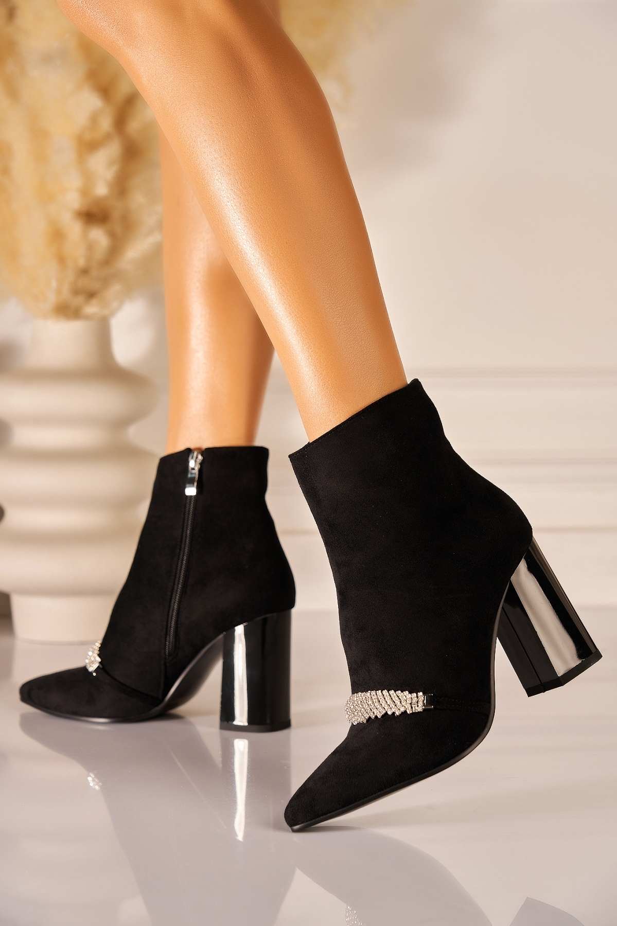 Botine dama Imblanite Negre din Piele Ecologica Intoarsa Sesny2 - 1 | YEO