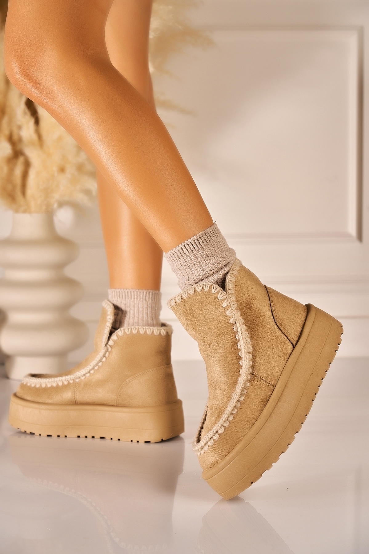Cizme Dama Imblanite Kaki din Piele Ecologica Intoarsa Izzumi - 1 | YEO