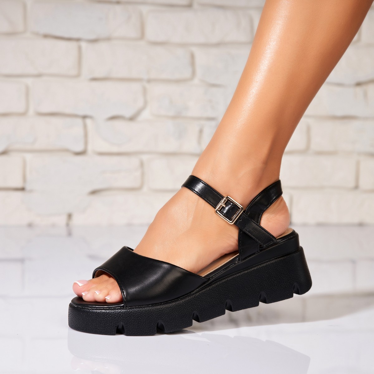 Sandale dama cu platforma Negre din Piele Ecologica Caylea