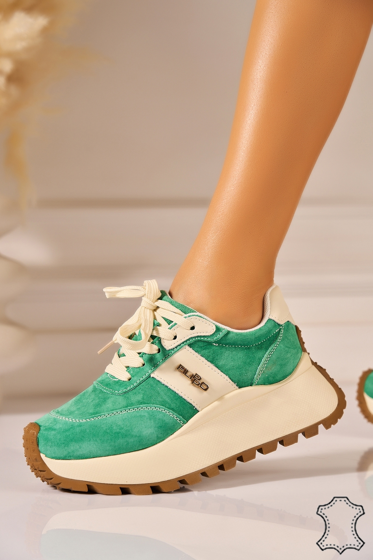 Adidasi Piele Naturala Intoarsa Verzi Yaryna