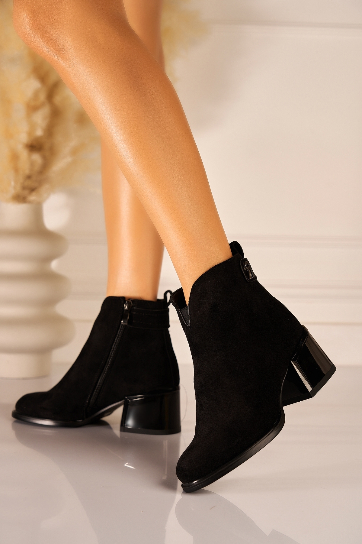 Botine dama Imblanite Negre din Piele Ecologica Intoarsa Grasyn2 - 2 | YEO