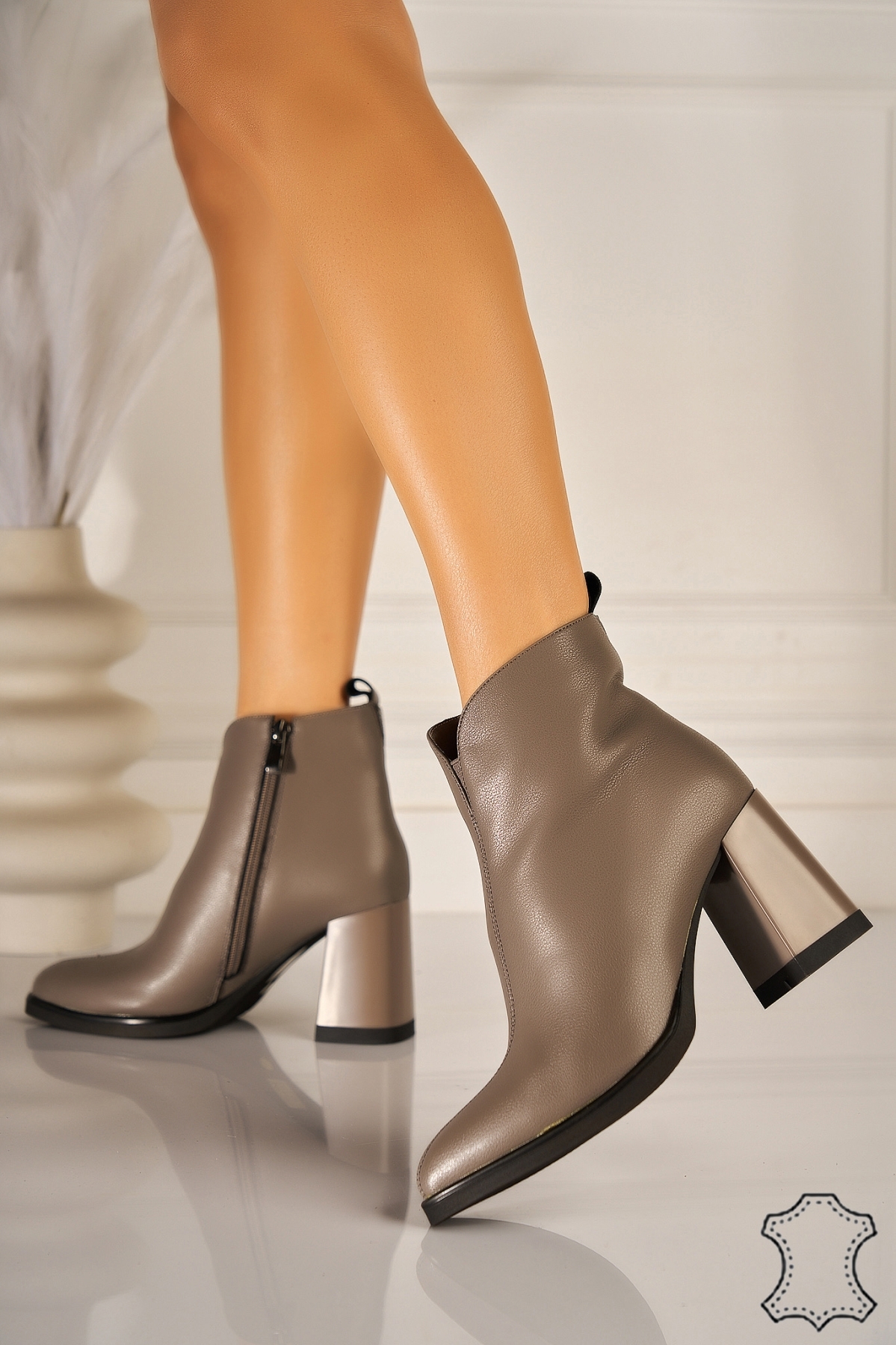 Botine Damǎ Piele Naturala Gri Kvary