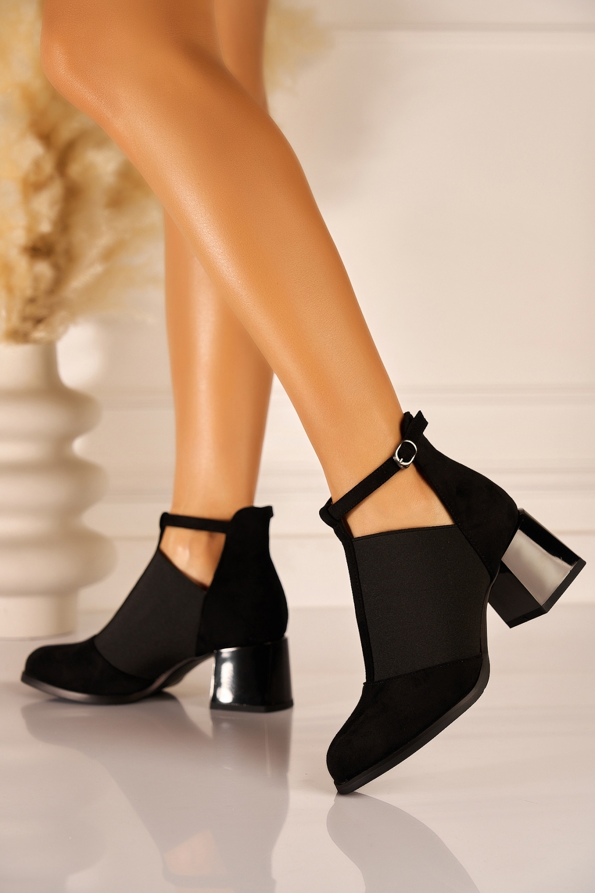 Botine dama cu Toc Negre din Piele Ecologica Intoarsa Riziky - 1 | YEO