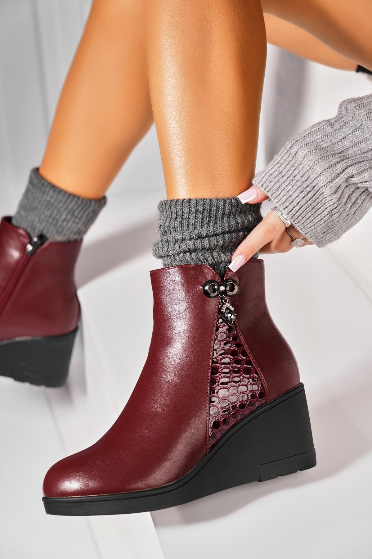 Botine dama Imblanite Bordo din Piele Ecologica Sheylin