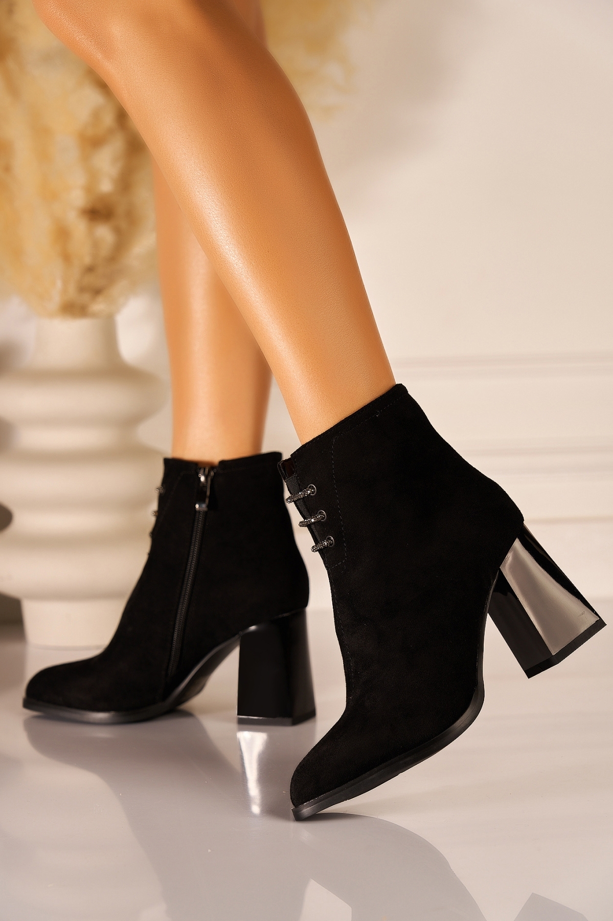 Botine dama Imblanite Negre din Piele Ecologica Intoarsa Eliora - 1 | YEO