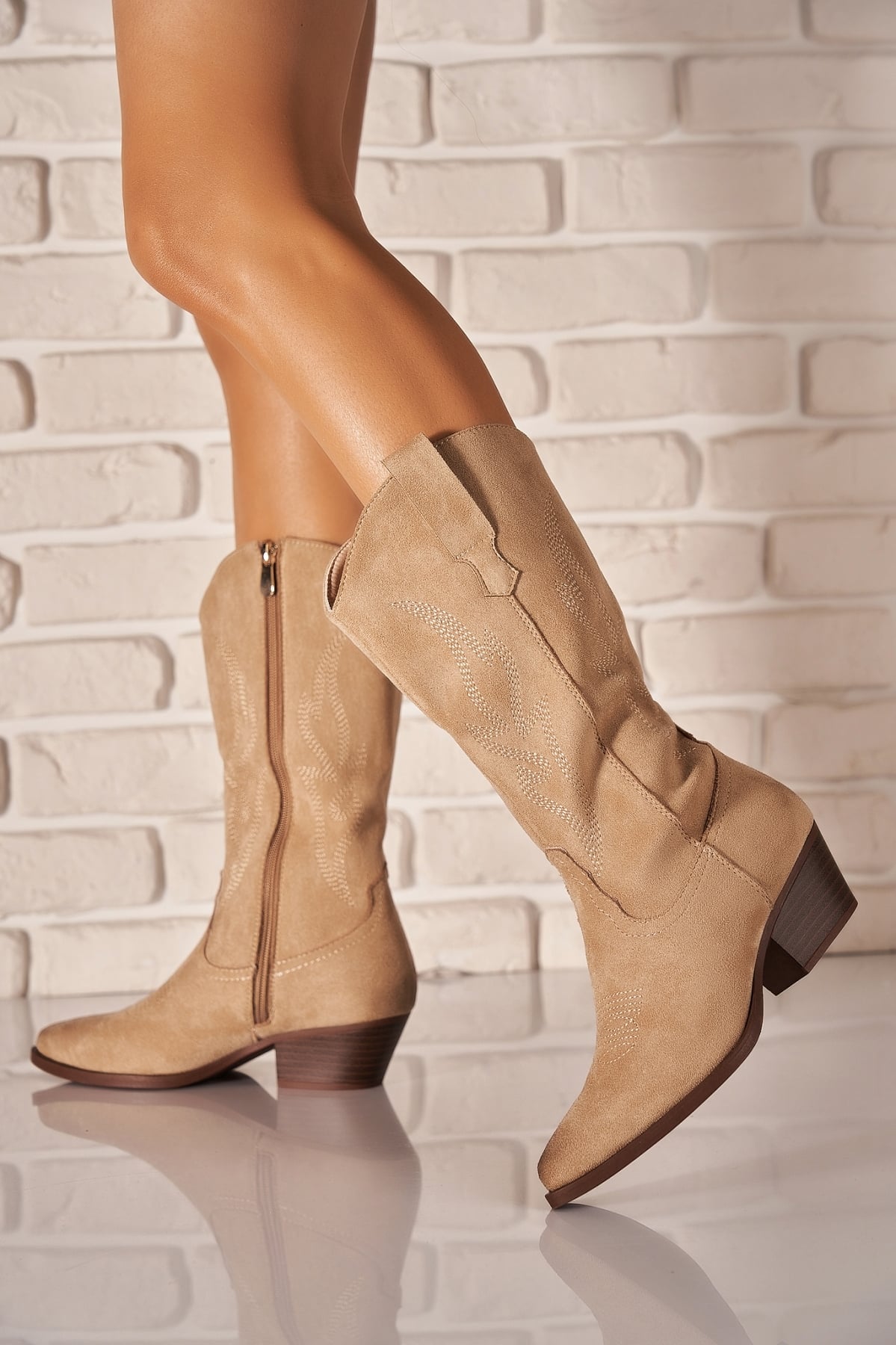 Cizme cu toc Piele Ecologica Intoarsa Kaki Iwale