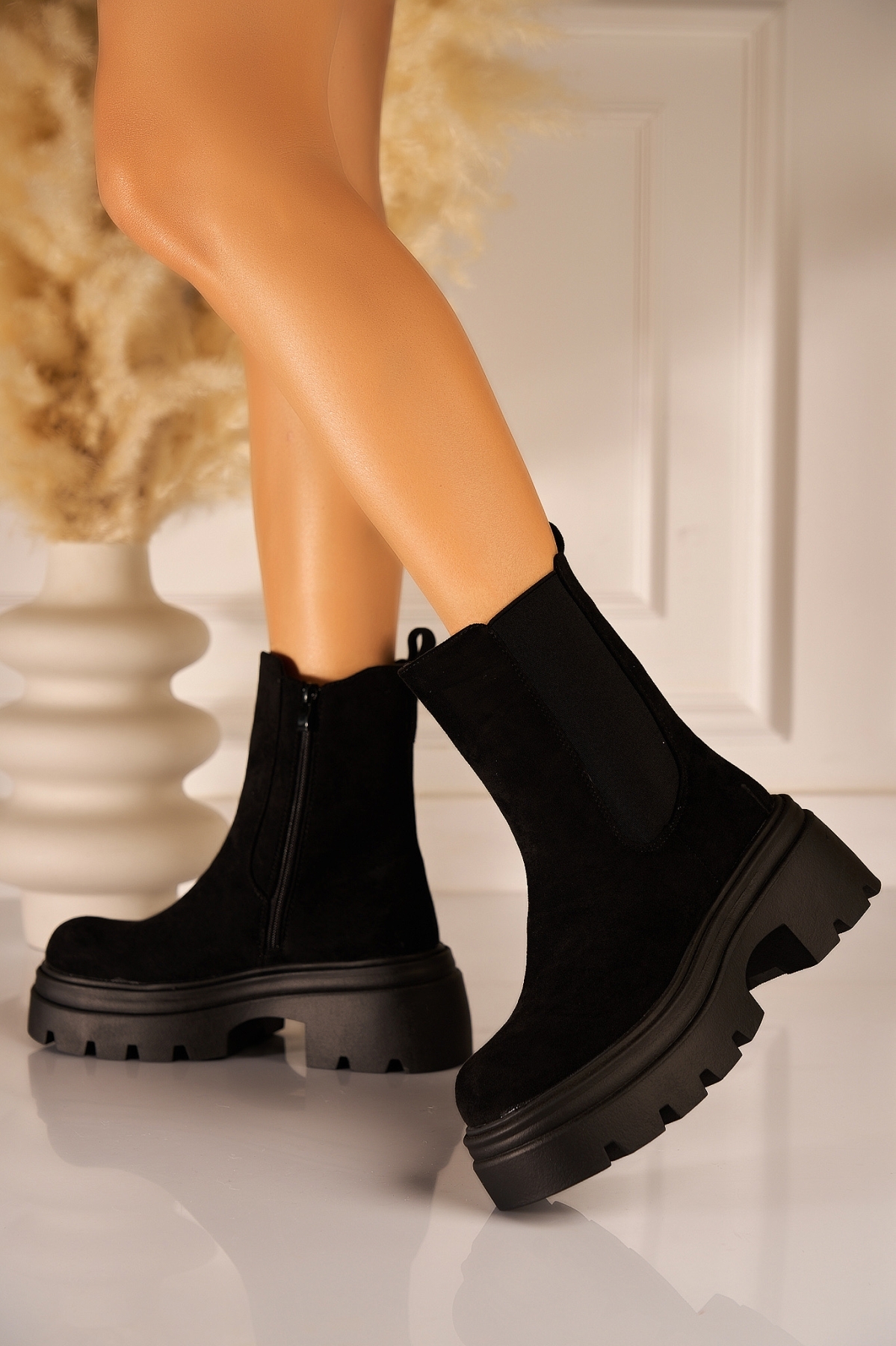 Ghete Dama Imblanite Negre din Piele Ecologica Intoarsa Zolay - 2 | YEO