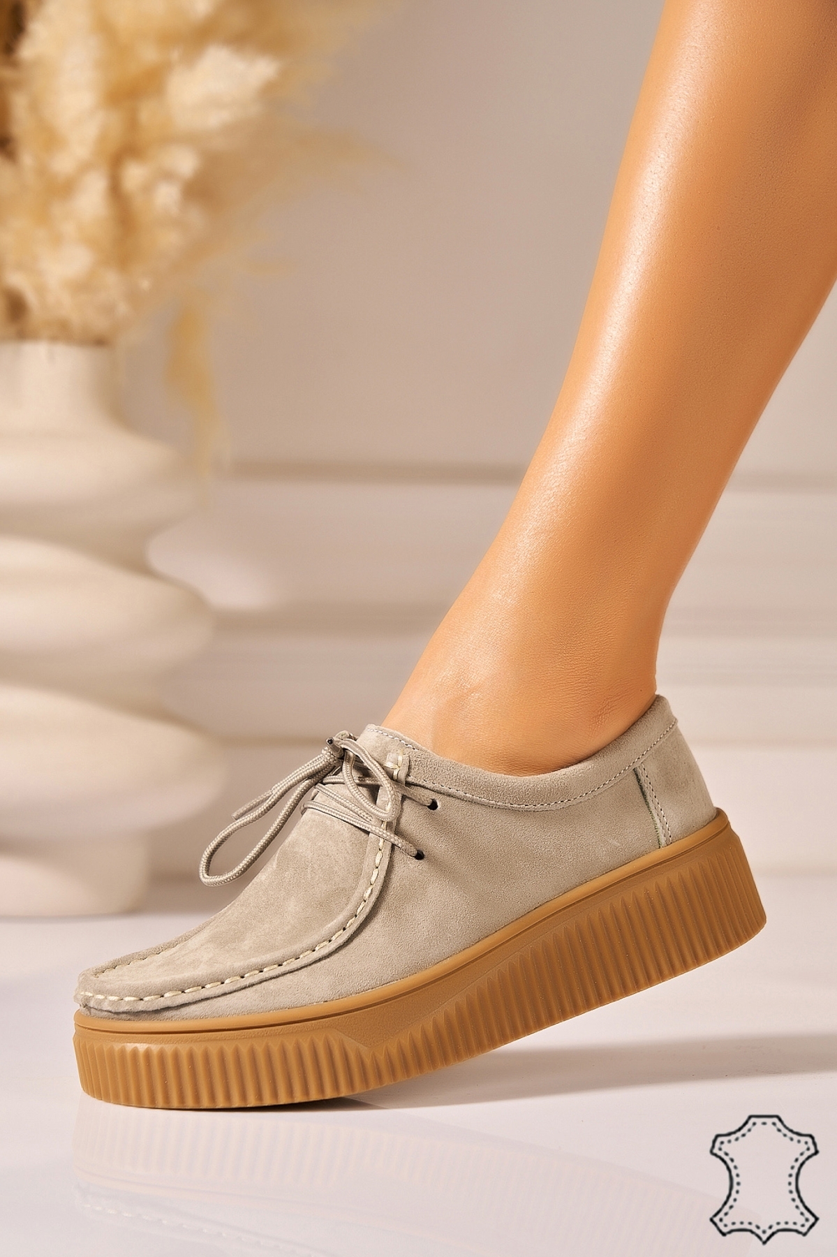 Mocasini dama Piele Naturala Intoarsa Kaki Vincya