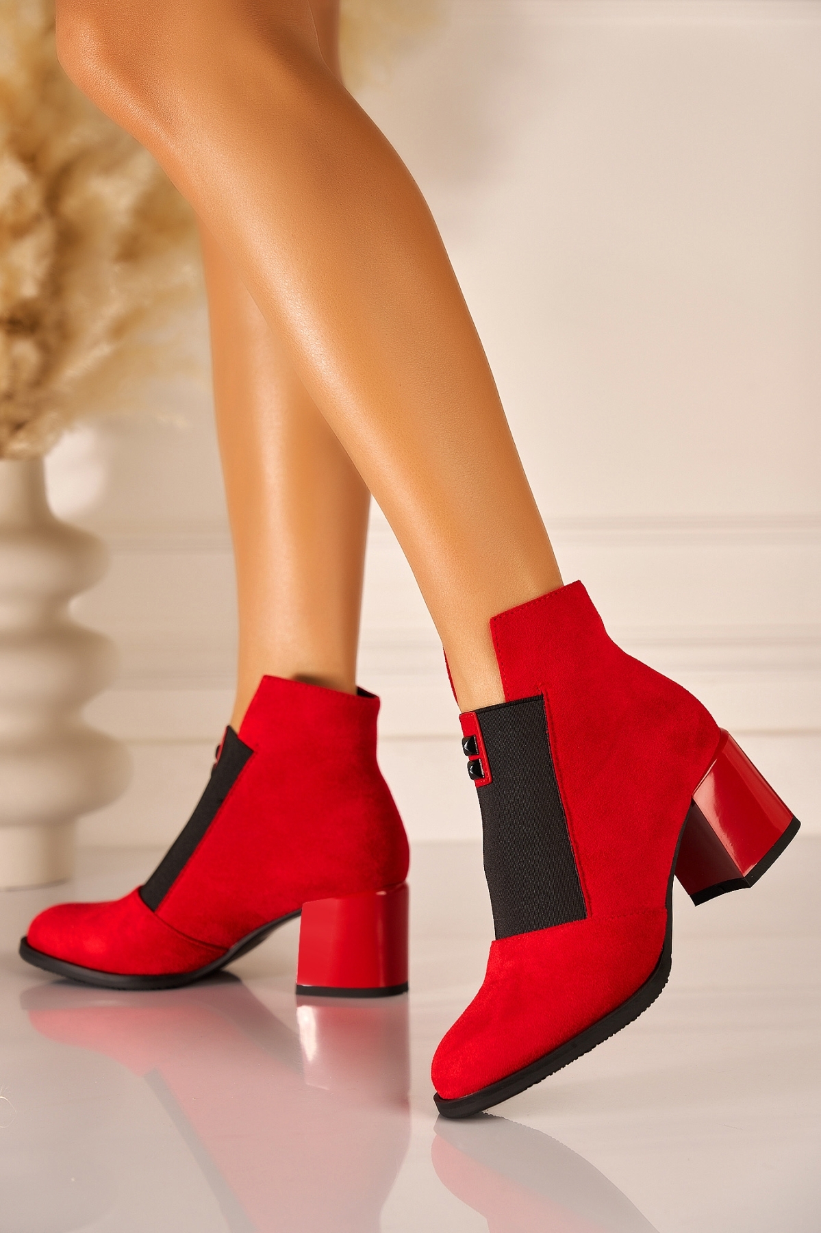Botine dama Imblanite Rosii din Piele Ecologica Intoarsa Deetya - 2 | YEO