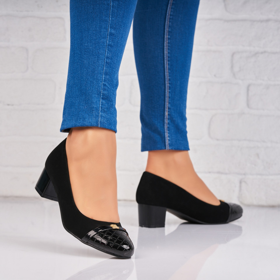 Pantofi dama cu toc Negri din Piele Ecologica Intoarsa Ceylona A4352