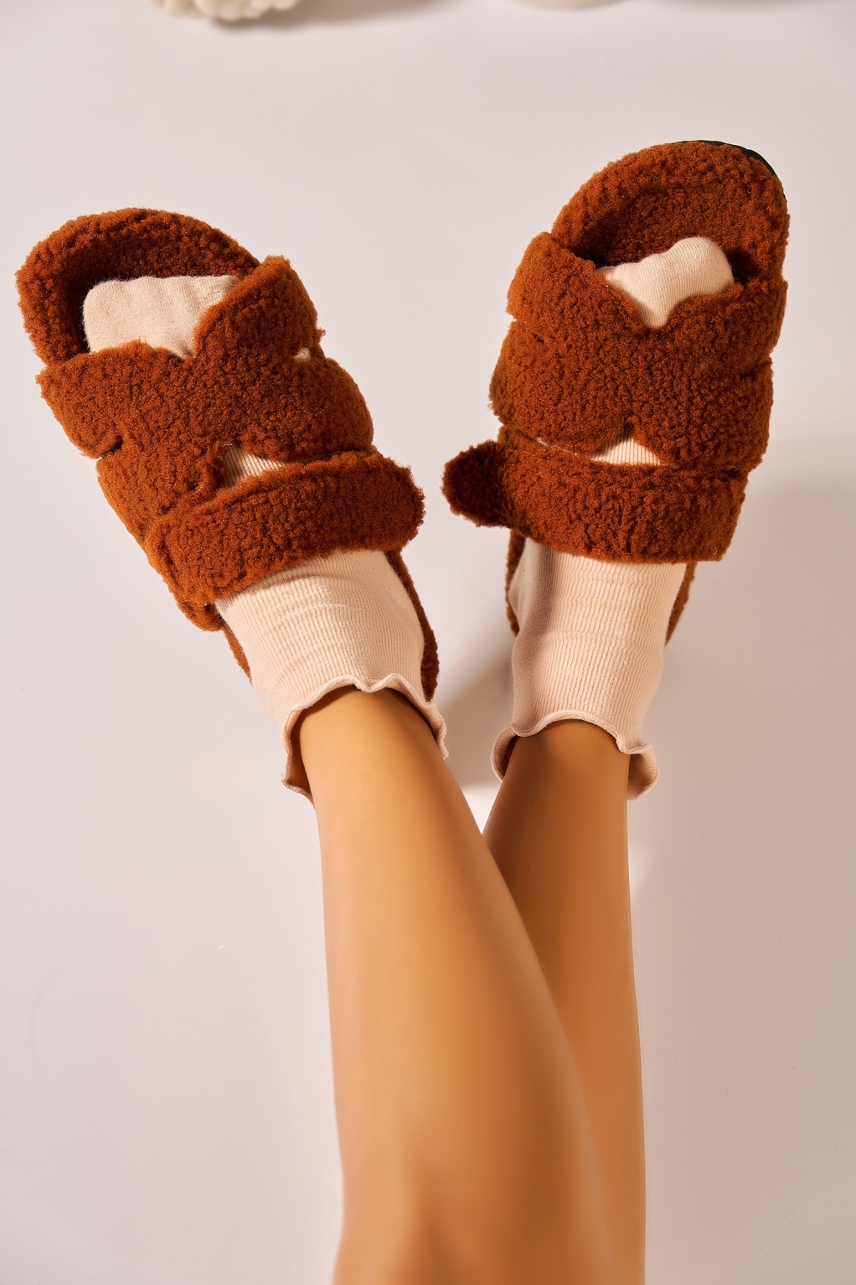 Papuci Dama Îmblăniți Textil Camel Daria - 4 | YEO