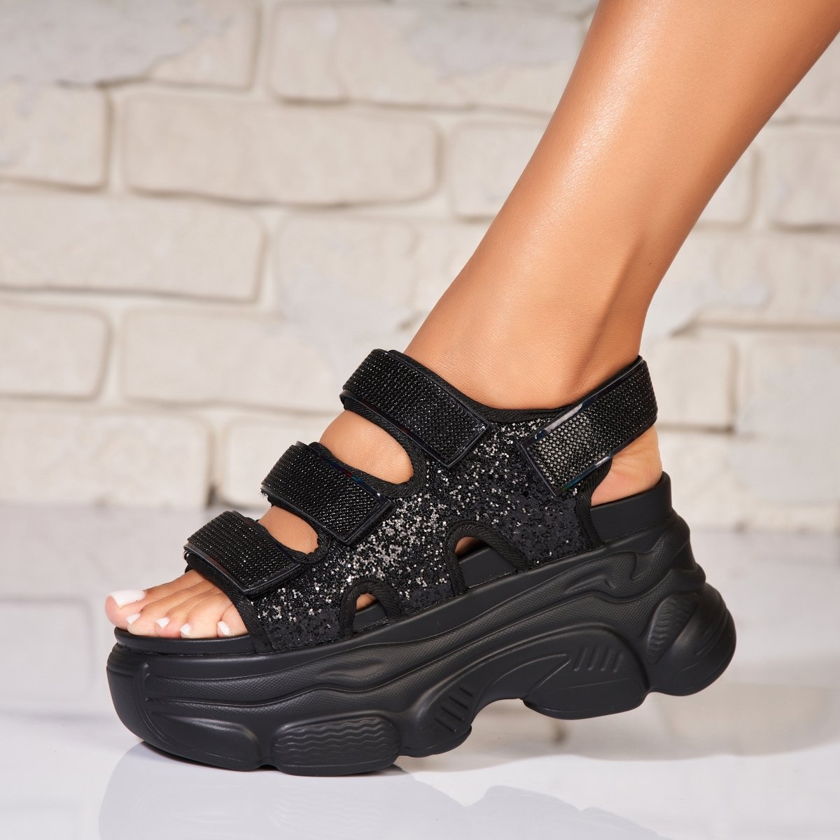 Sandale dama cu platforma Negre din Glitter Shaily