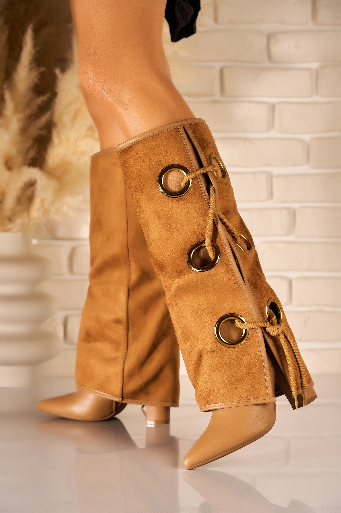 Cizme cu toc Piele Ecologica Intoarsa Camel Swayz