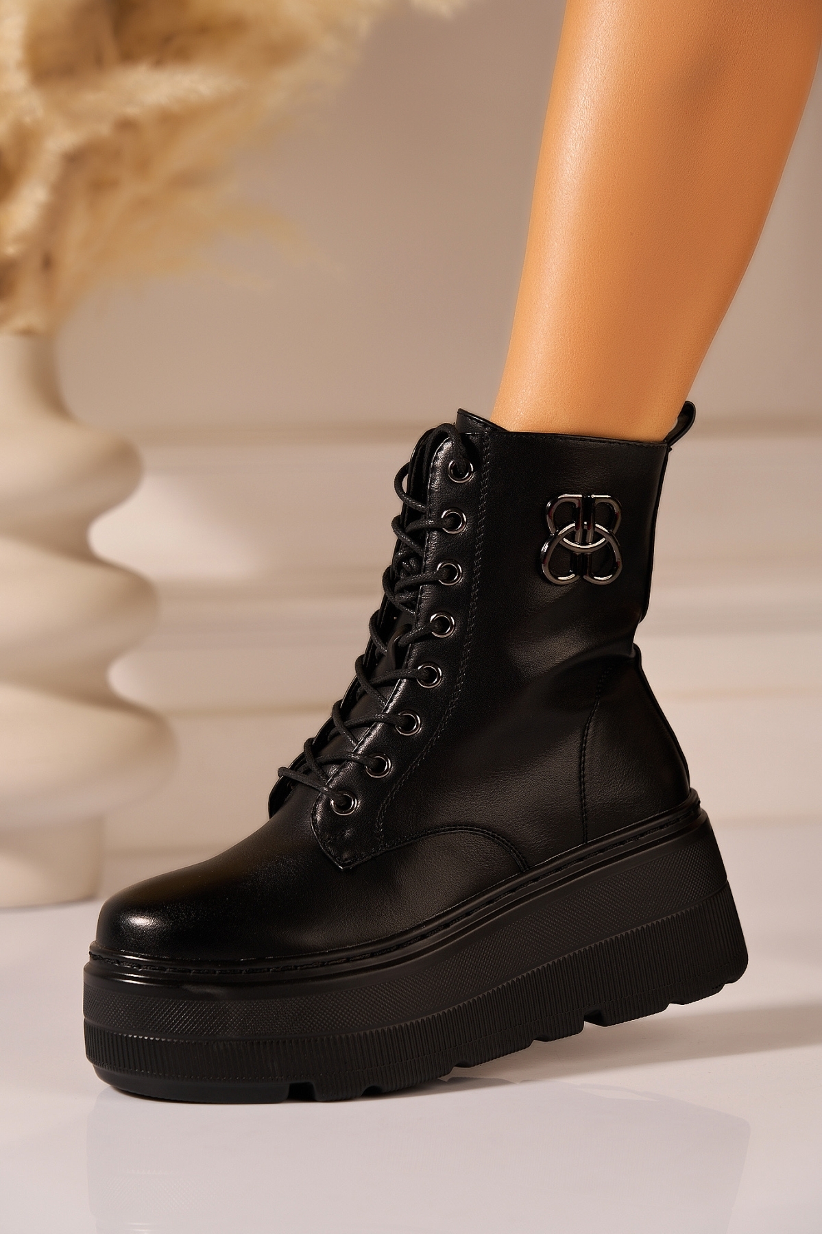 Ghete dama cu platforma Negre din Piele Ecologica Harsey - 2 | YEO