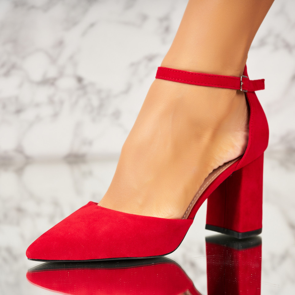 Pantofi dama cu toc Rosii din Piele Ecologica Intoarsa Genevra2