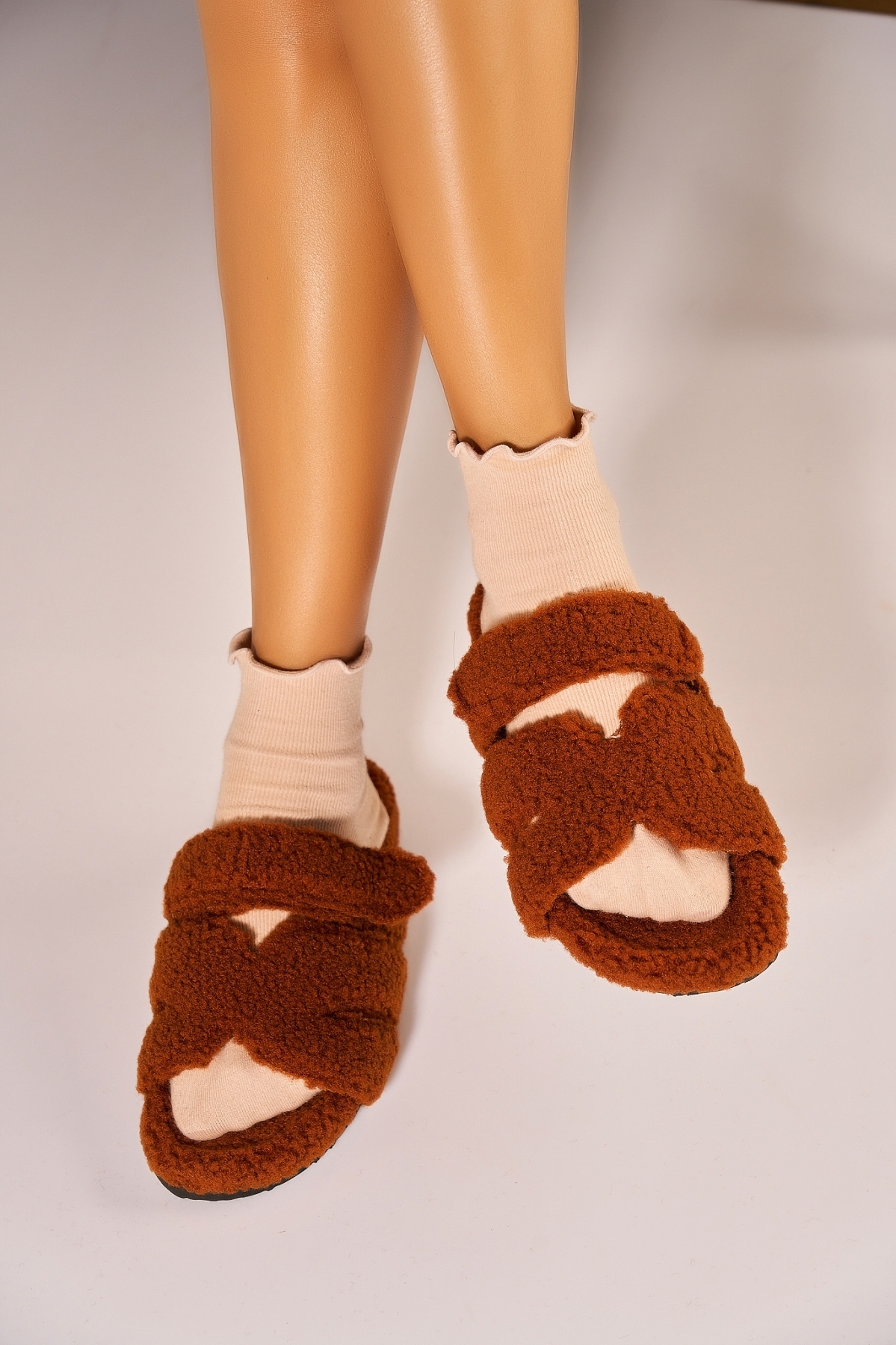 Papuci Dama Îmblăniți Textil Camel Daria - 1 | YEO