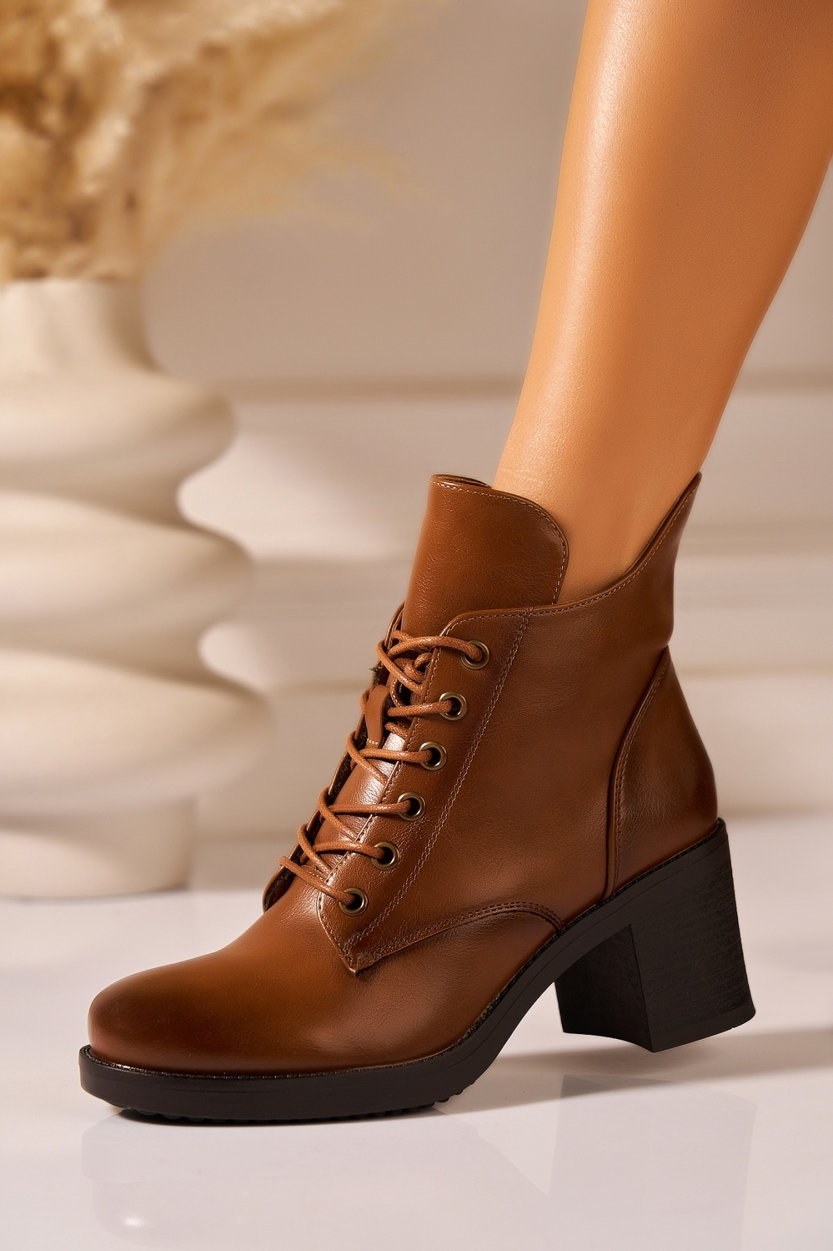 Botine dama Imblanite Camel din Piele Ecologica Teija - 1 | YEO