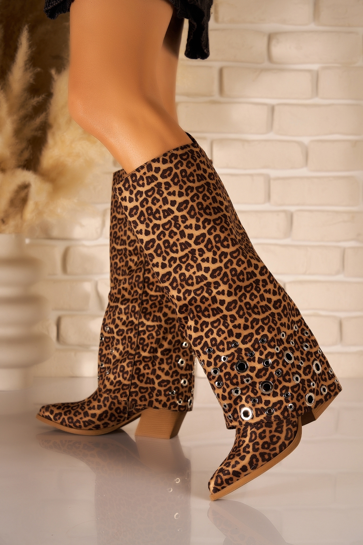 Cizme cu toc Piele Ecologica Intoarsa Animal Print Lareen - 2 | YEO
