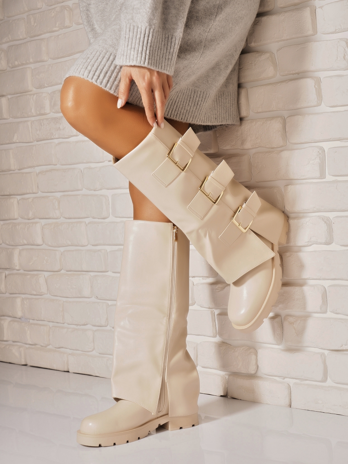 Cizme Dama Imblanite Bej din Piele Ecologica Emmy