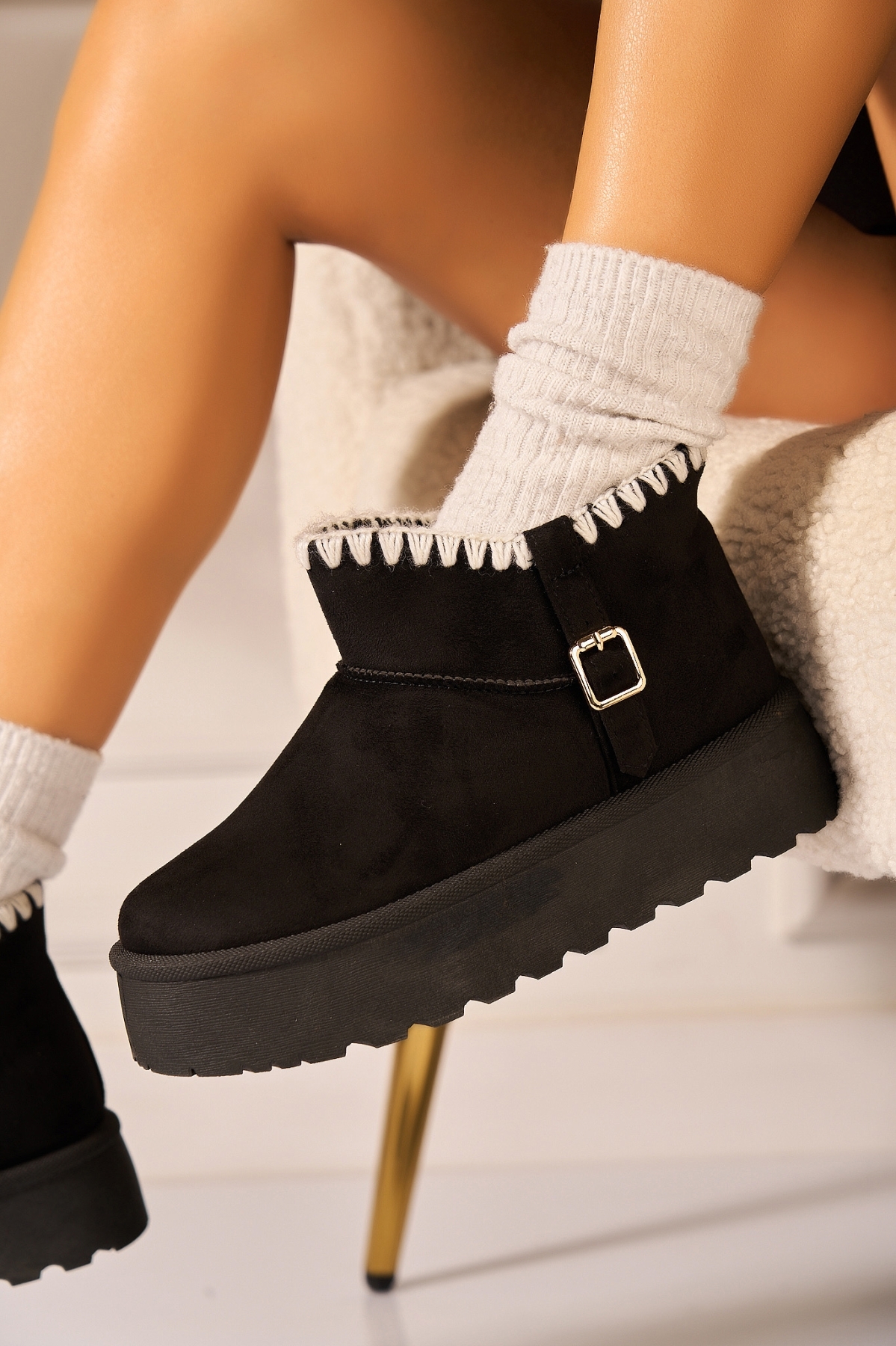 Cizme Dama Imblanite Negre din Piele Ecologica Intoarsa Arilynn - 1 | YEO