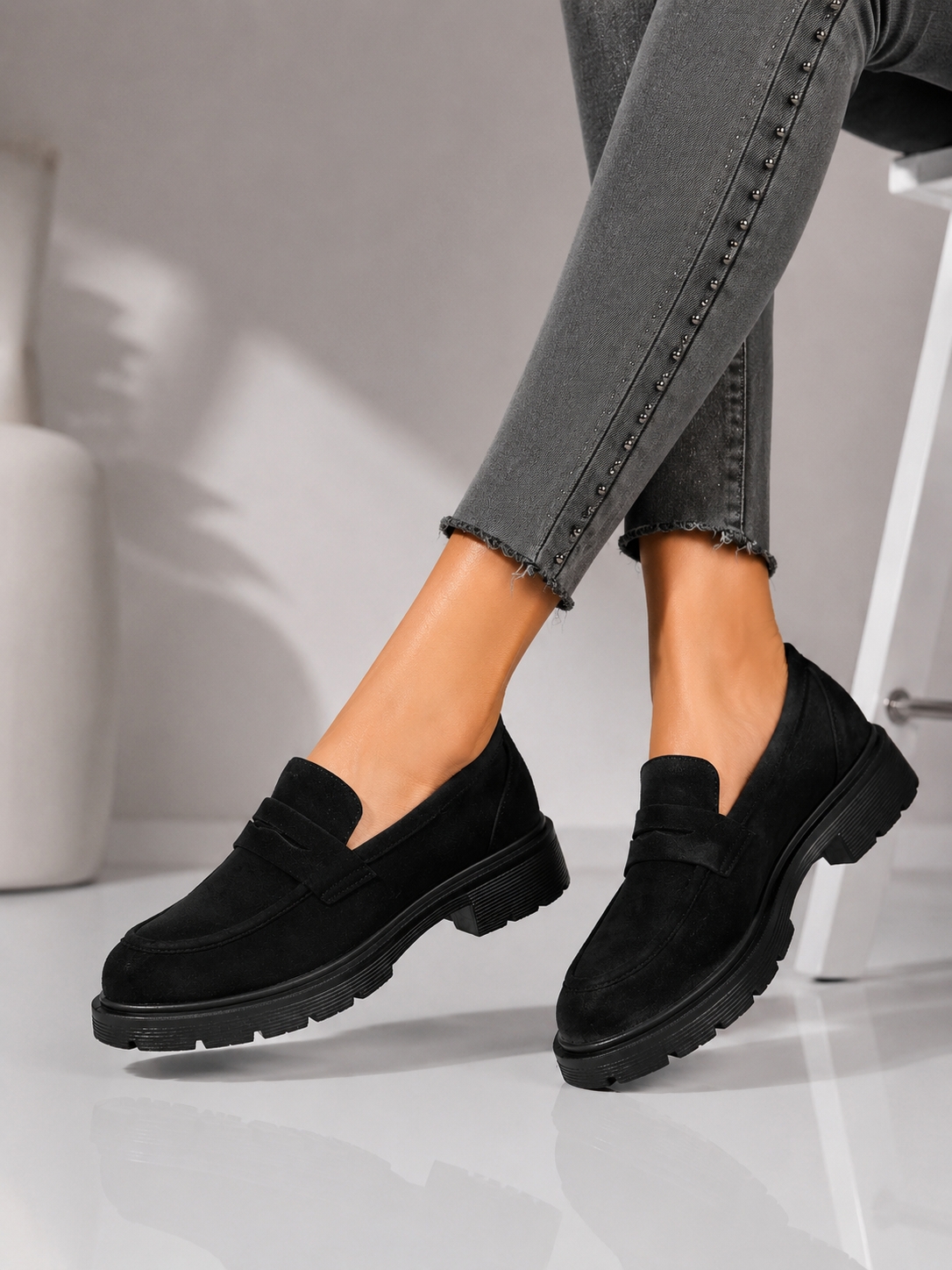 Pantofi dama casual Negri din Piele Ecologica Intoarsa Seena2