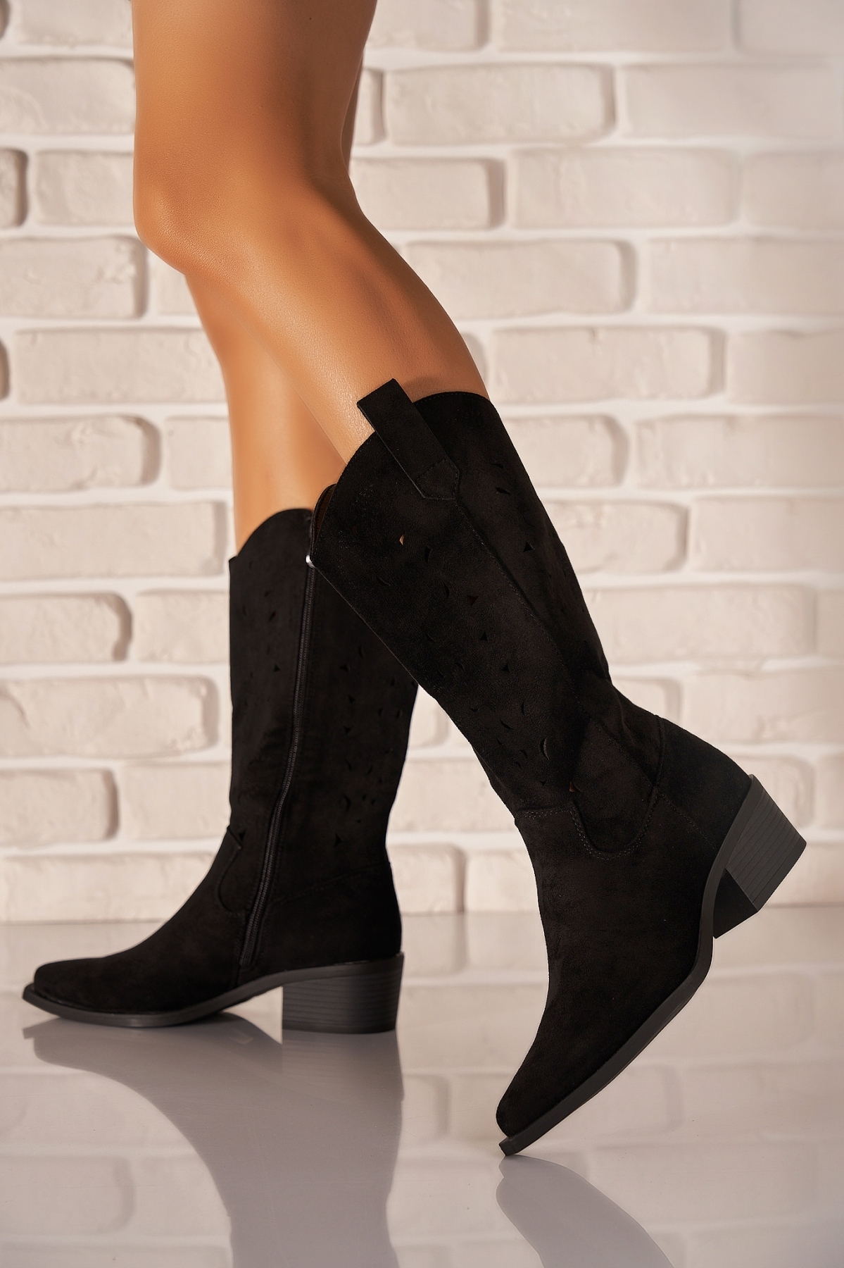 Cizme cu toc Piele Ecologica Intoarsa Negru Yakira