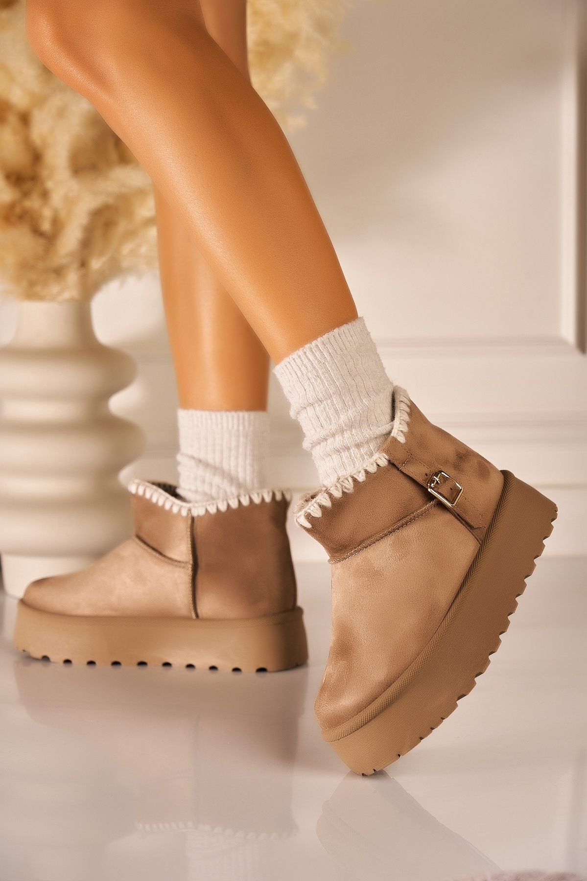 Cizme Dama Imblanite Kaki din Piele Ecologica Intoarsa Arilynn