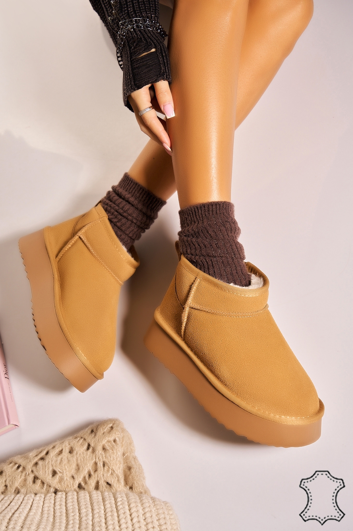 Cizme Piele Naturala Intoarsa dama Kaki Riyna - 3 | YEO