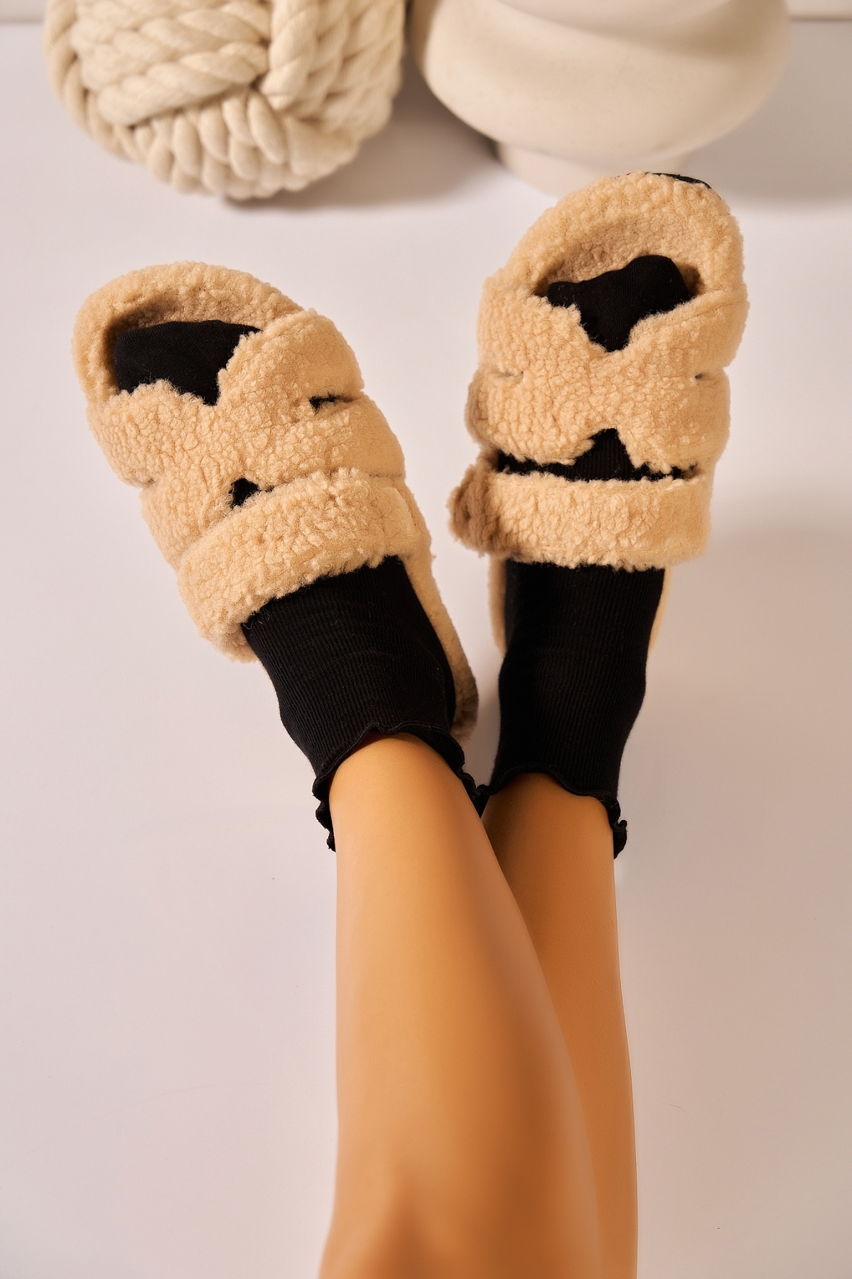 Papuci Dama Îmblăniți Textil Kaki Daria - 1 | YEO