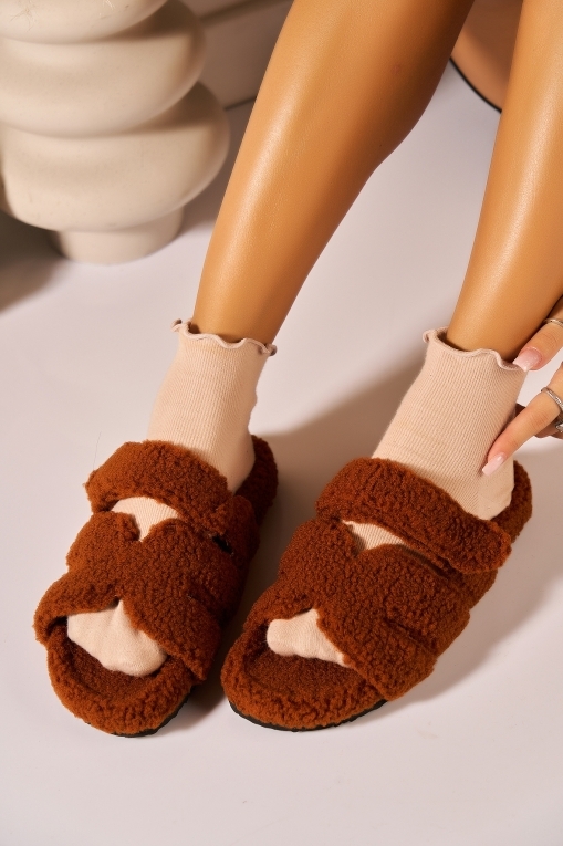 Papuci Dama Îmblăniți Textil Camel Daria - Img 3