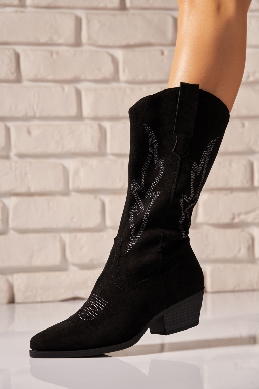 Cizme cu toc Piele Ecologica Intoarsa Negru Iwale - Img 2