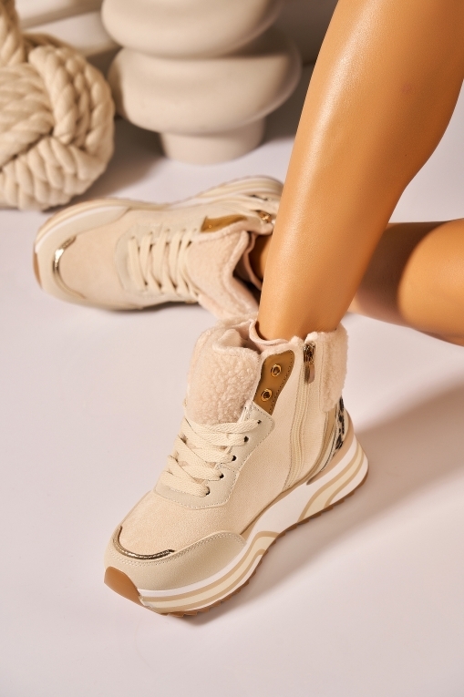 Ghete Dama Imblanite Bej din Piele Ecologica Intoarsa Savys - Img 2