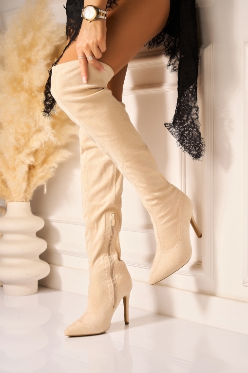 Cizme cu toc Piele Ecologica Intoarsa Bej Daesha - Img 2