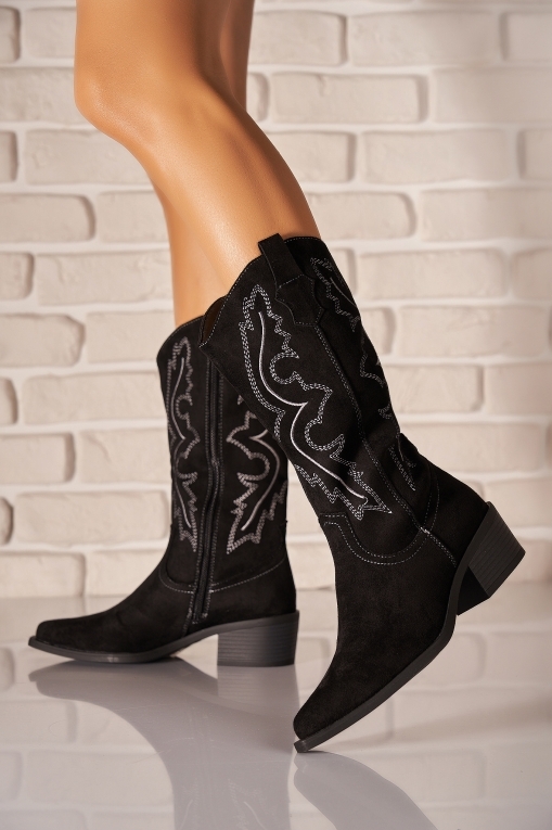 Cizme cu toc Piele Ecologica Intoarsa Negru Eleith - Img 2