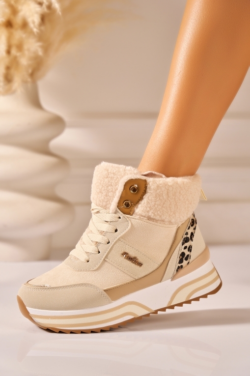 Ghete Dama Imblanite Bej din Piele Ecologica Intoarsa Savys - Img 3