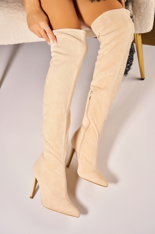 Cizme cu toc Piele Ecologica Intoarsa Bej Daesha - Img 3