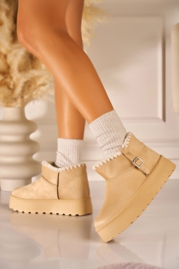 Cizme Dama Imblanite Bej din Piele Ecologica Intoarsa Arilynn