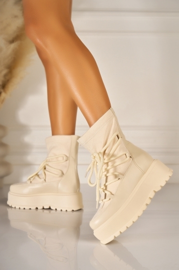 Ghete Dama Imblanite Bej din Piele Ecologica Ramaya